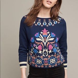 🎈Anthropologie Floral Intarsia Sweatshirt Navy L